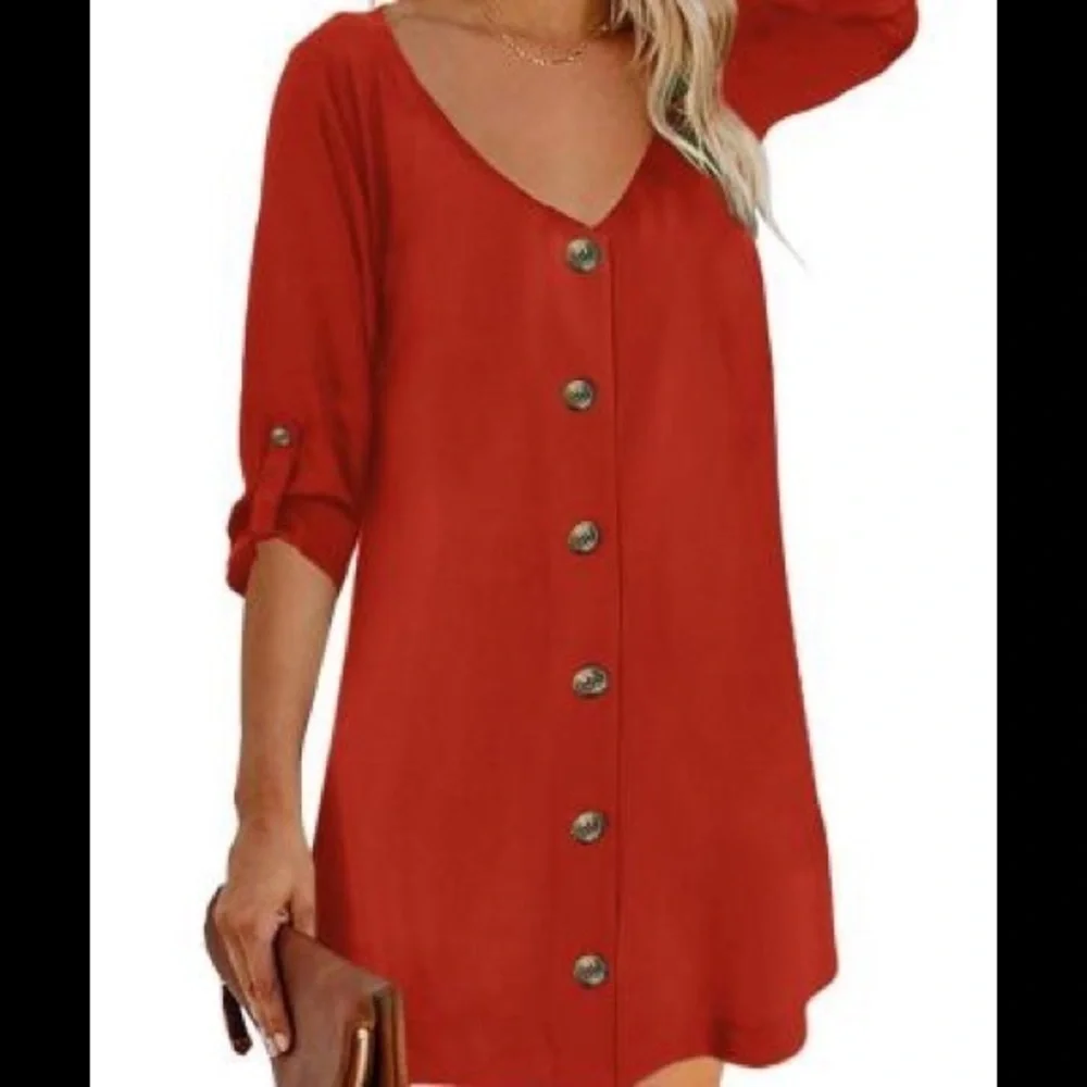 Red half sleeve shirt dress - Picture 1 of 7